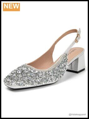 Rhinestone Slingback Low Block Heel Square Toe Dress Pumps